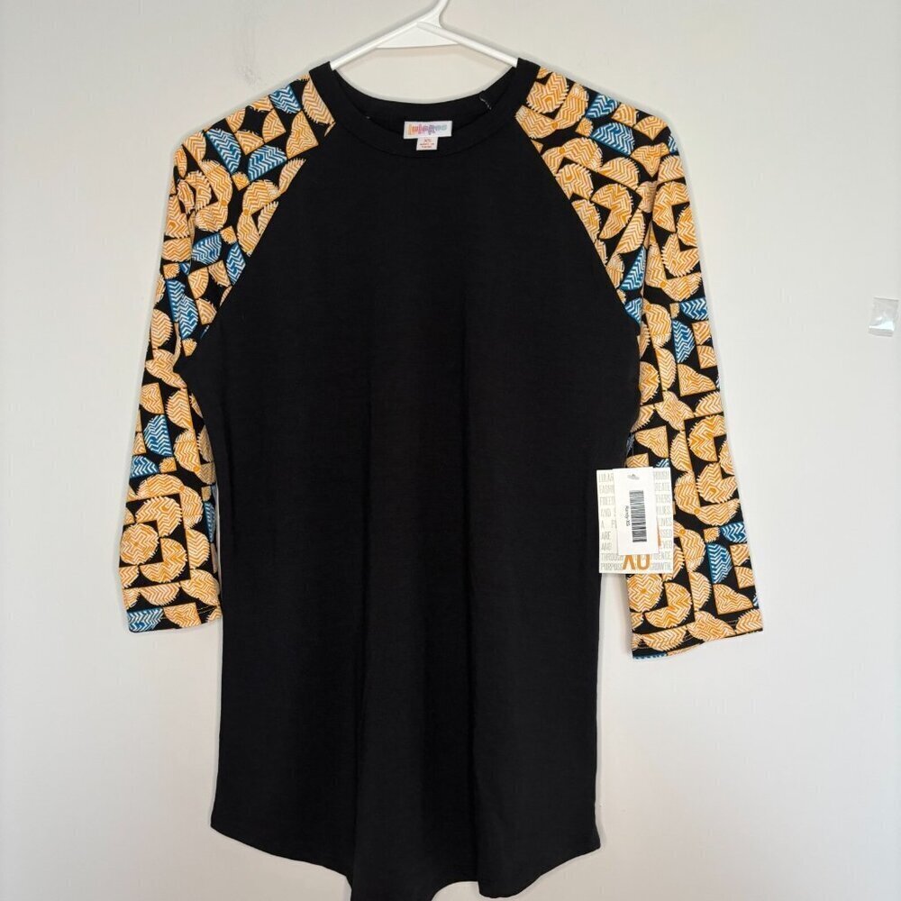 LULAROE NEW Randy Women's XS Black Yellow Blue Geometric Crew Neck Stretch